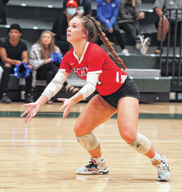 Senior libero Bailee Earnhardt prepares to receive a serve.
                                 Courtesy photo