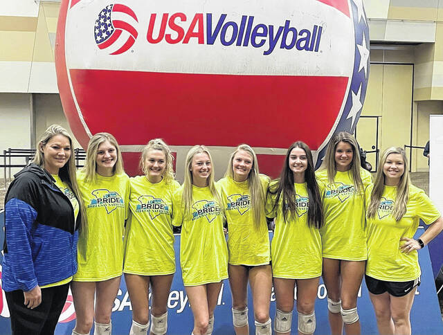 Carolina One Volleyball Pride seniors and their coaches are (from left) Coach Nikki Anthony, Payton Burkett, Alaina Craigo, Polly McCollum, Emma Van Daele, Calie Covey, Caroline Lucas and Assistant Coach Stephanie Cuddy.
Courtesy photo