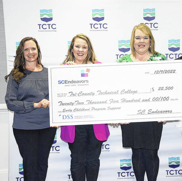 Melissa G. Starker, state director, SC Endeavors, left, presented the check to Meredith Dickens, department head for public services in the Business and Public Services Division at TCTC and ECE Program Director Kimberly Sharp.
                                 Courtesy photo
