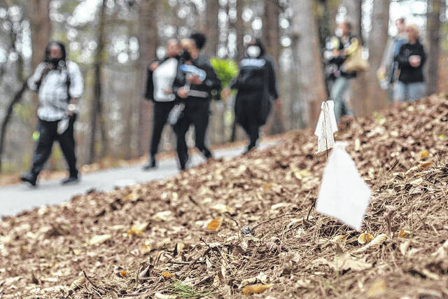 Temporary markers in Woodland Cemetery and African American Burial Ground show the locations of hundreds of unmarked graves.
Courtesy photo