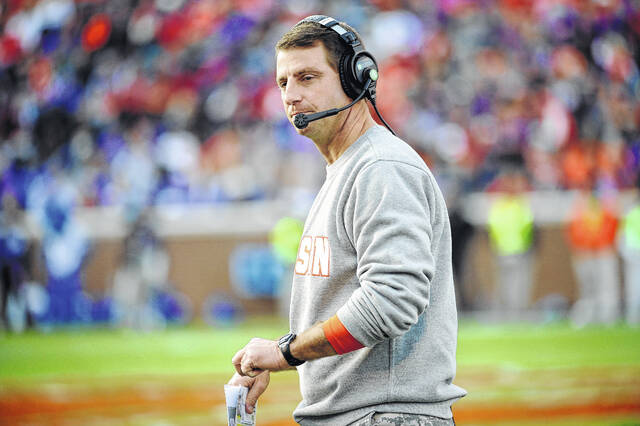 Clemson head coach Dabo Swinney walks on the sideline.
File photo