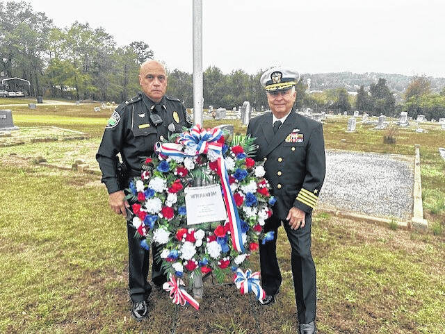 Pictured are Pickens Police Chief Randal Beach and U.S. Navy retired Captain Jim Thompson recently on Veterans Day at the Sunrise Cemetery in Pickens. Thompson gave a speech on Veterans Day at the Sunrise Cemetery.
Jeff Holt | The Easley Progress