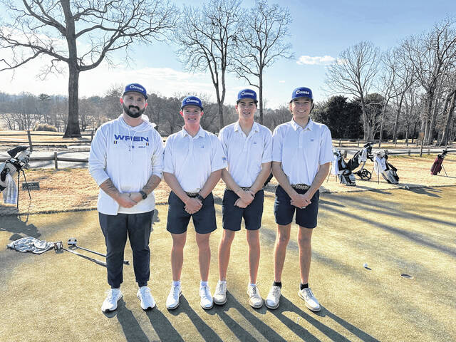 Pictured is Wren High School boys golf coach Tyler Barnes (far left) with his senior trio of Dylan Park, Garrett Gillespie and Davis Merritt. The Hurricanes were Class 3A State Champs last season.
Jeff Holt | The Easley Progress