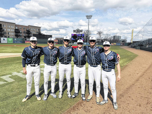 Pictured are the six seniors on the Powdersville baseball team who played on Saturday in Greenville at Fluor Field. The Patriots ended up losing 8-3 to River Bluff. From (L to R) are: Logan Goss, Chance Kennedy, Landon Fowler, Blane Jordan, Landon Childress and Gavin Psychas. (Courtesy photo).