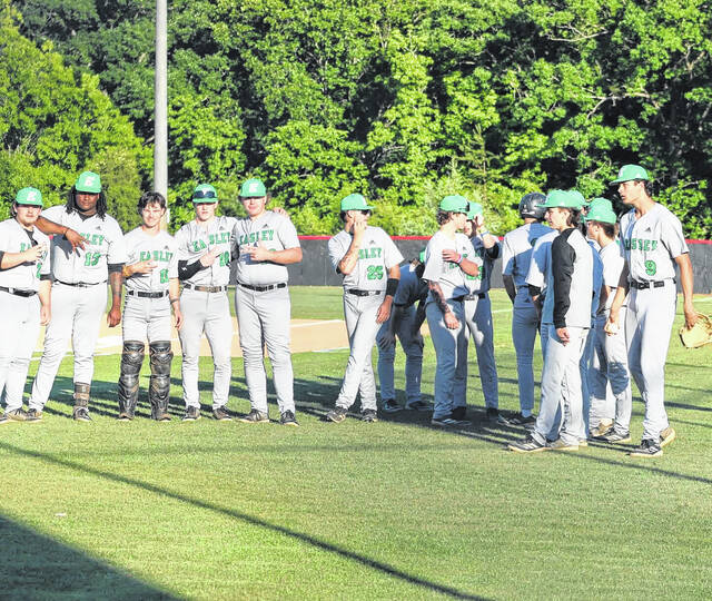 Pictured are members of the Easley High School baseball team this past season. Senior Trey Sutton (second from left) stepped up this season for the Green Wave as a starting pitcher.
Photo by Alicia Tolbert