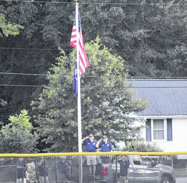 Members of the American Legion Post 52 Honor Guard perform during the pregame ceremony last week at Alice Mill Park. They will return again on Thursday to help celebrate the 100th year of American Legion baseball. Local fans are encouraged to attend.
Courtesy of Alicia Tolbert