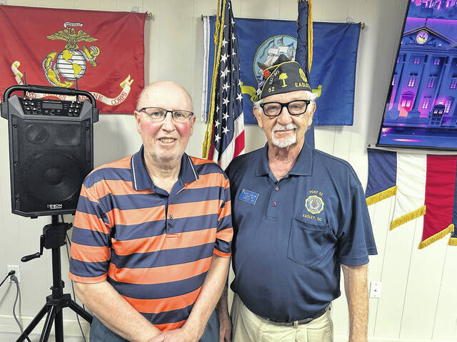 Pictured is former Monmouth Legion baseball coach Gregg Powell and Post 52 Commander Gary Hinton at their meeting last week. 
                                 Jeff Holt | The Easley Progress