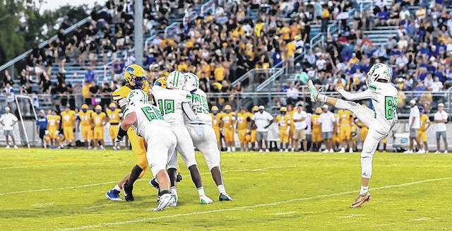 EHS senior Evan Massey delivers a punt against Wren.
Mark Beery | The Easley Progress