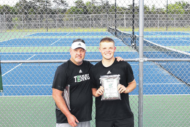 Easley tennis coach Terry Wood and his son Peyton who was awarded the MVP last season.
Photo Submitted