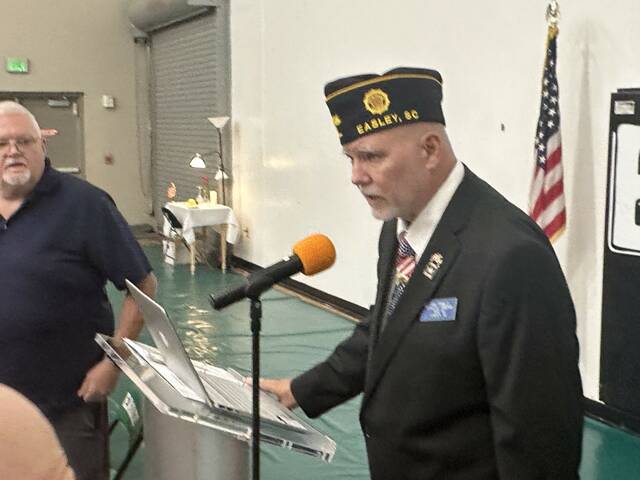 Pictured is Dan Frawley of the American Legion Post 52 speaking last weekend at the banquet for the Post 52 legion baseball team. Frawley worked with the Marine Corps League Honor Guard at the banquet.
Jeff Holt / The Easley Progress