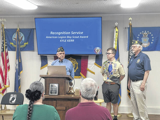 Post 52 member Kent Dykes helped present the Boy Scout award last week at the monthly meeting of the American Legion. Kyle Kerr from Daniel High School took home the honors.
Jeff Holt / The Easley Progress